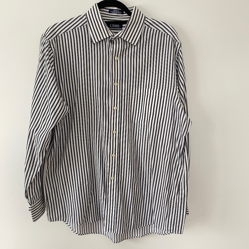 CHAPS Black White Striped Long Sleeve Classic Fit Wrinkle Free Button Up 16.5